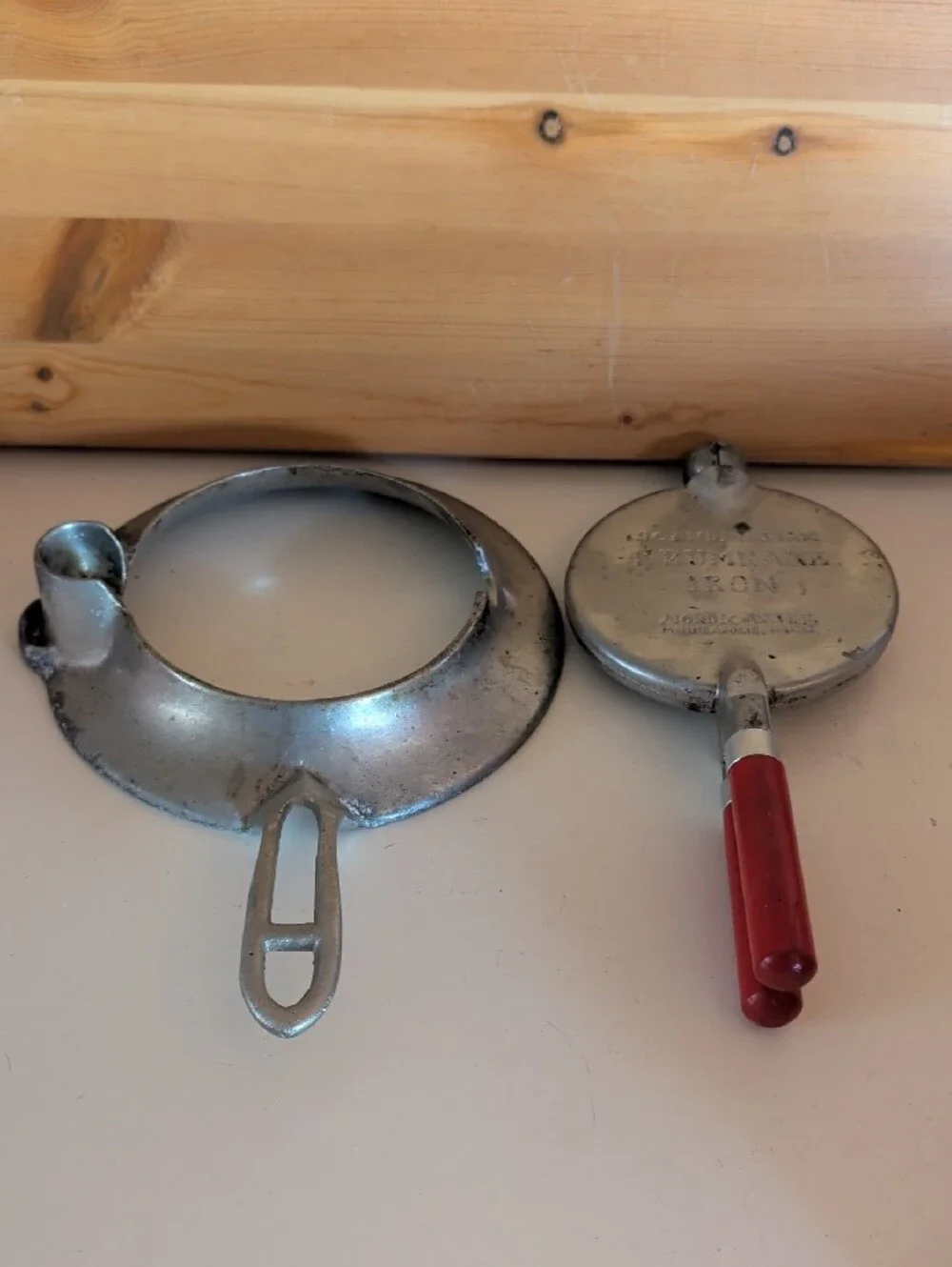 VTG. Nordic Ware Krumcake Iron.Red-Handled Cast Aluminum Stove-Top Ironing Press